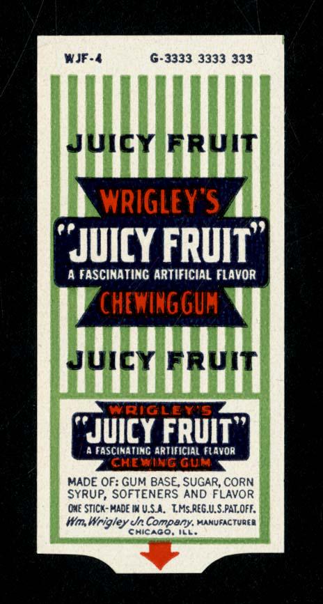 Wrigley's Juicy Fruit Single Stick Chewing Gum Wrapper: 2.5 X 1.25