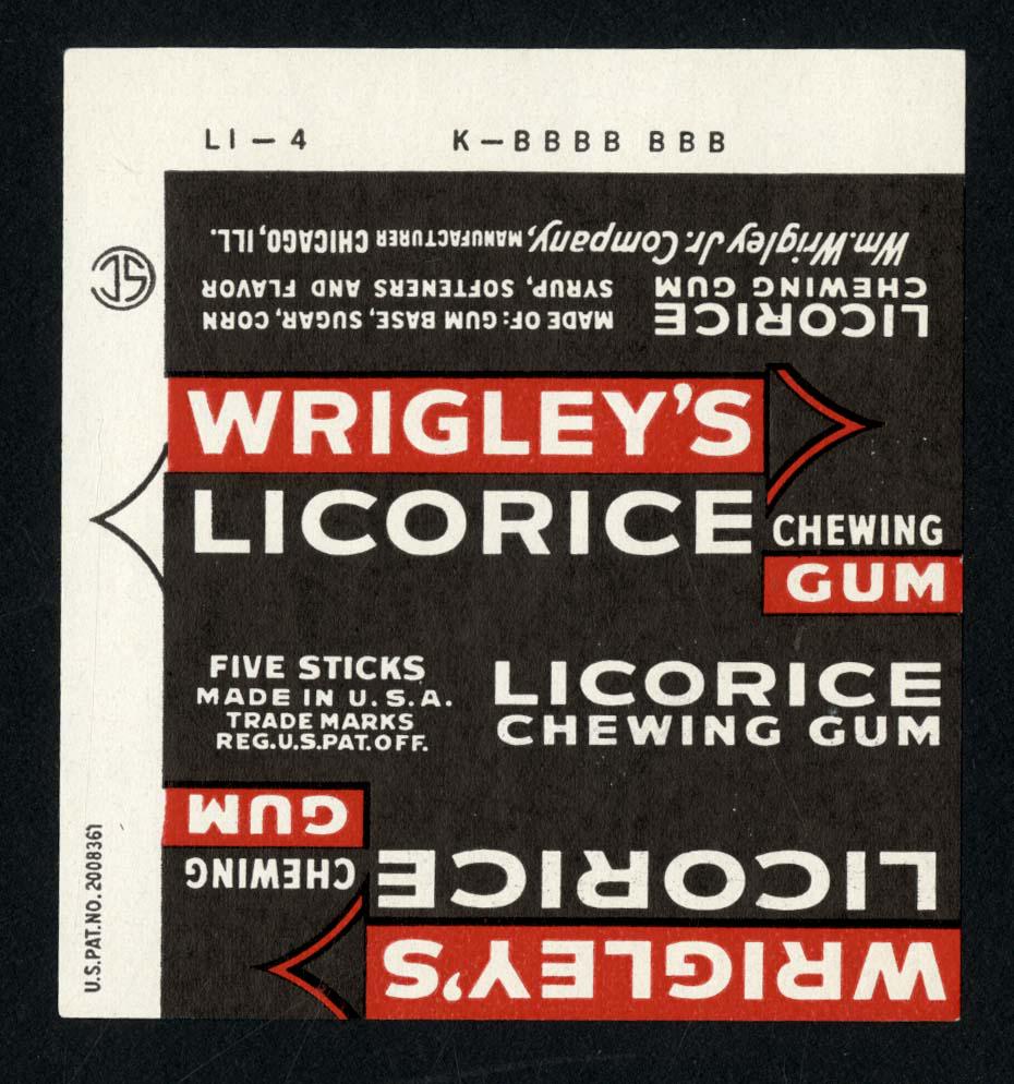 Wrigley's Licorice Chewing Gum 5 Stick Wrapper for the: 3 X 2.75