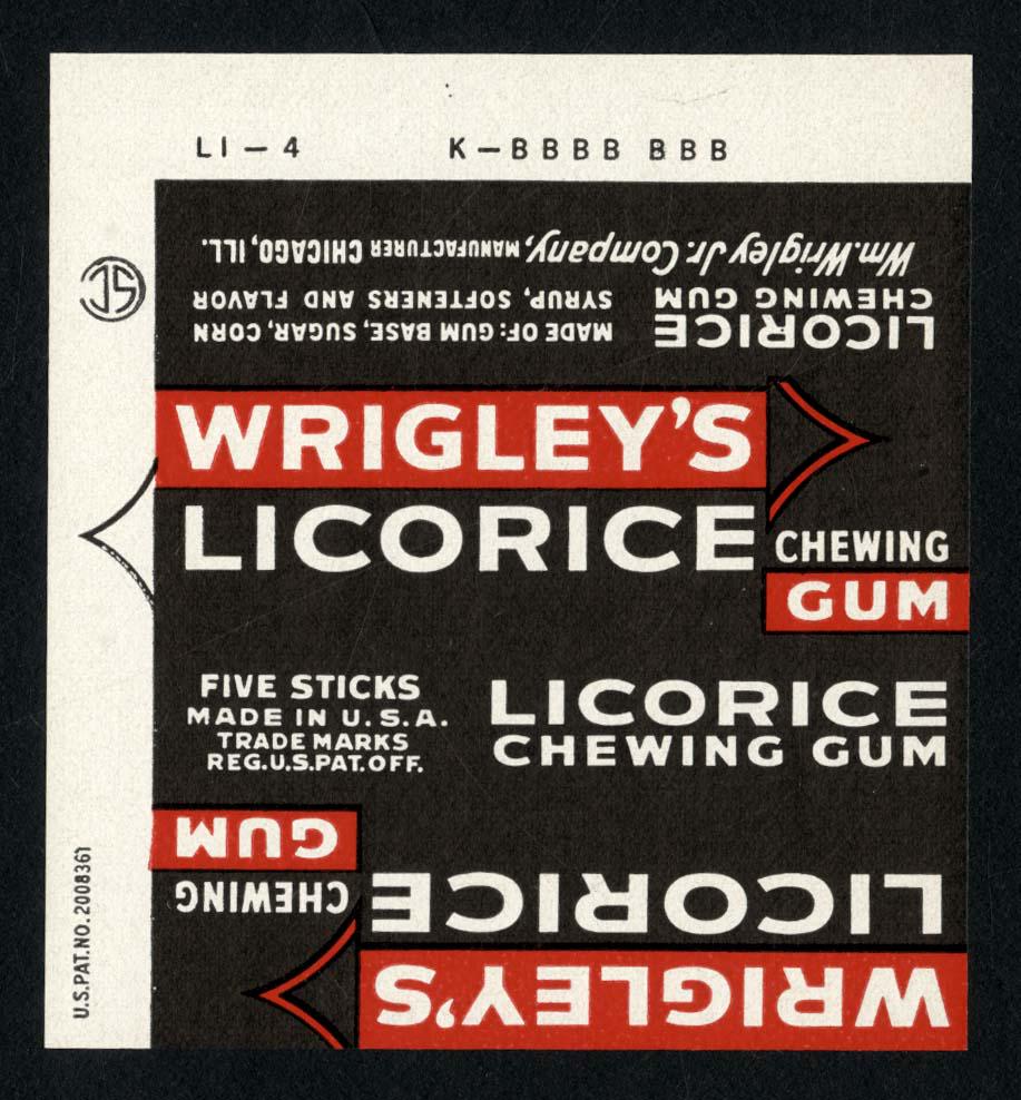 Wrigley's Licorice Chewing Gum 5 Stick Wrapper for the: 3 X 2.75