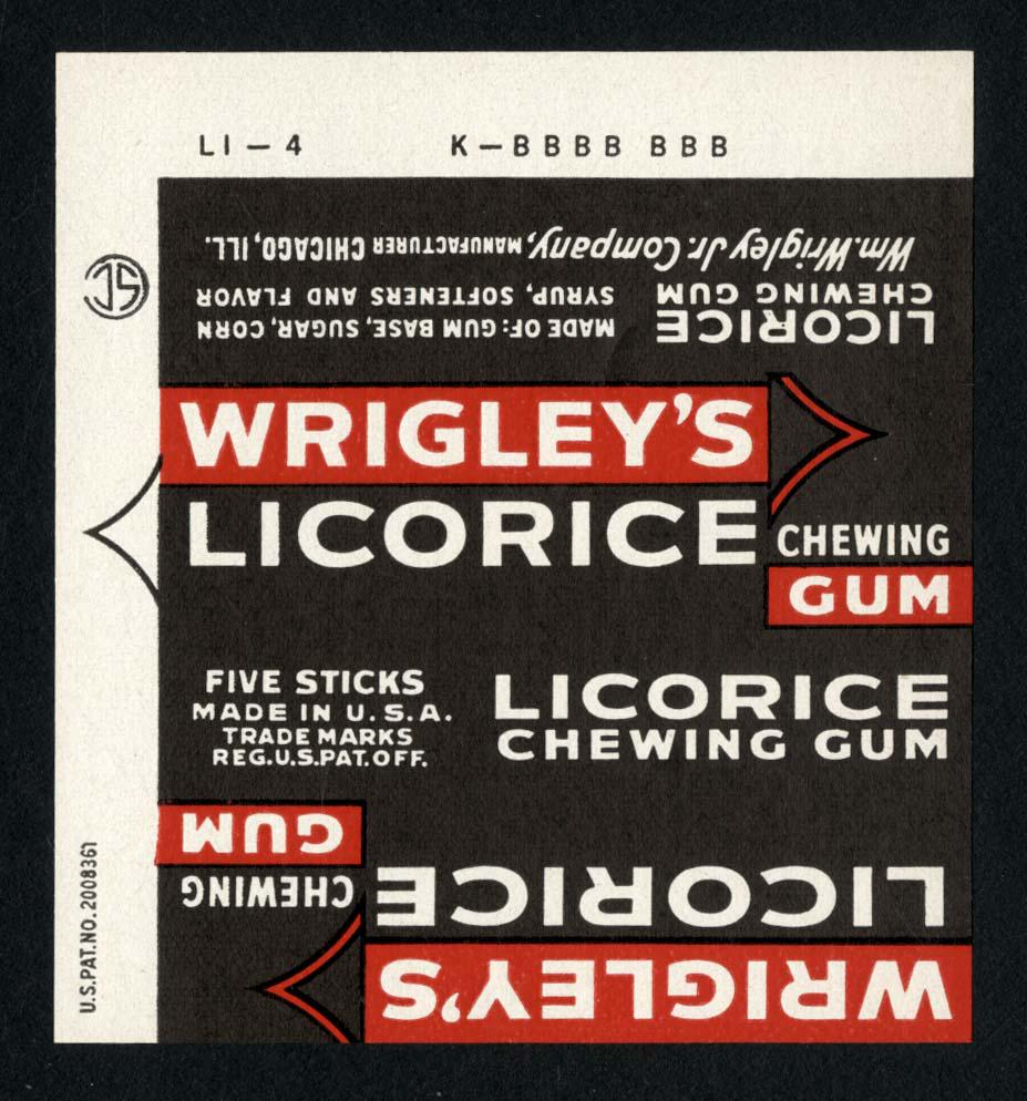 Wrigley's Licorice Chewing Gum 5 Stick Wrapper for the: 3 X 2.75