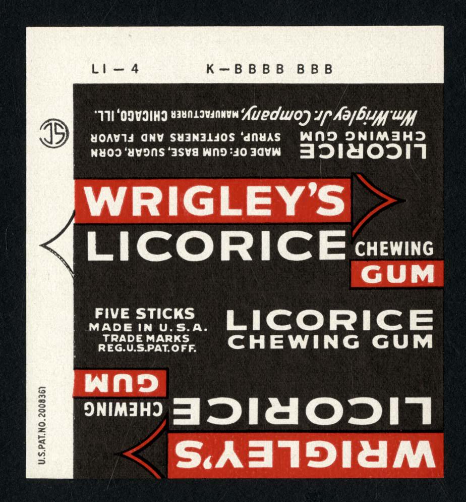 Wrigley's Licorice Chewing Gum 5 Stick Wrapper for the: 3 X 2.75