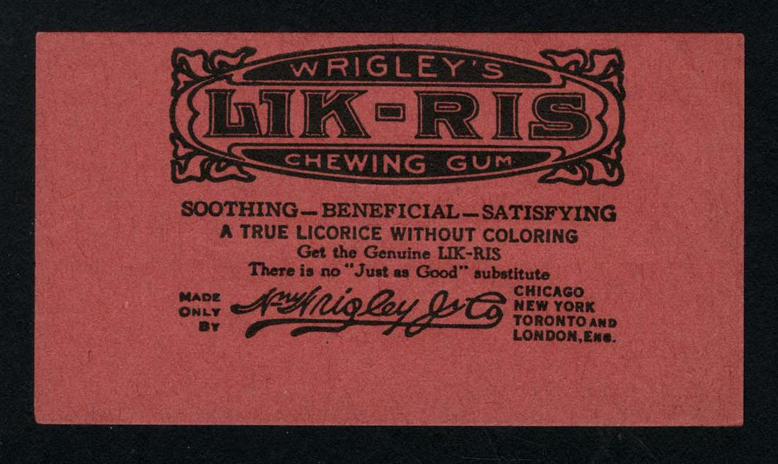 Wrigley's Lik-Ris Chewing Gum 1 Stick Wrapper: 2.25 X 4; pencil writing on back