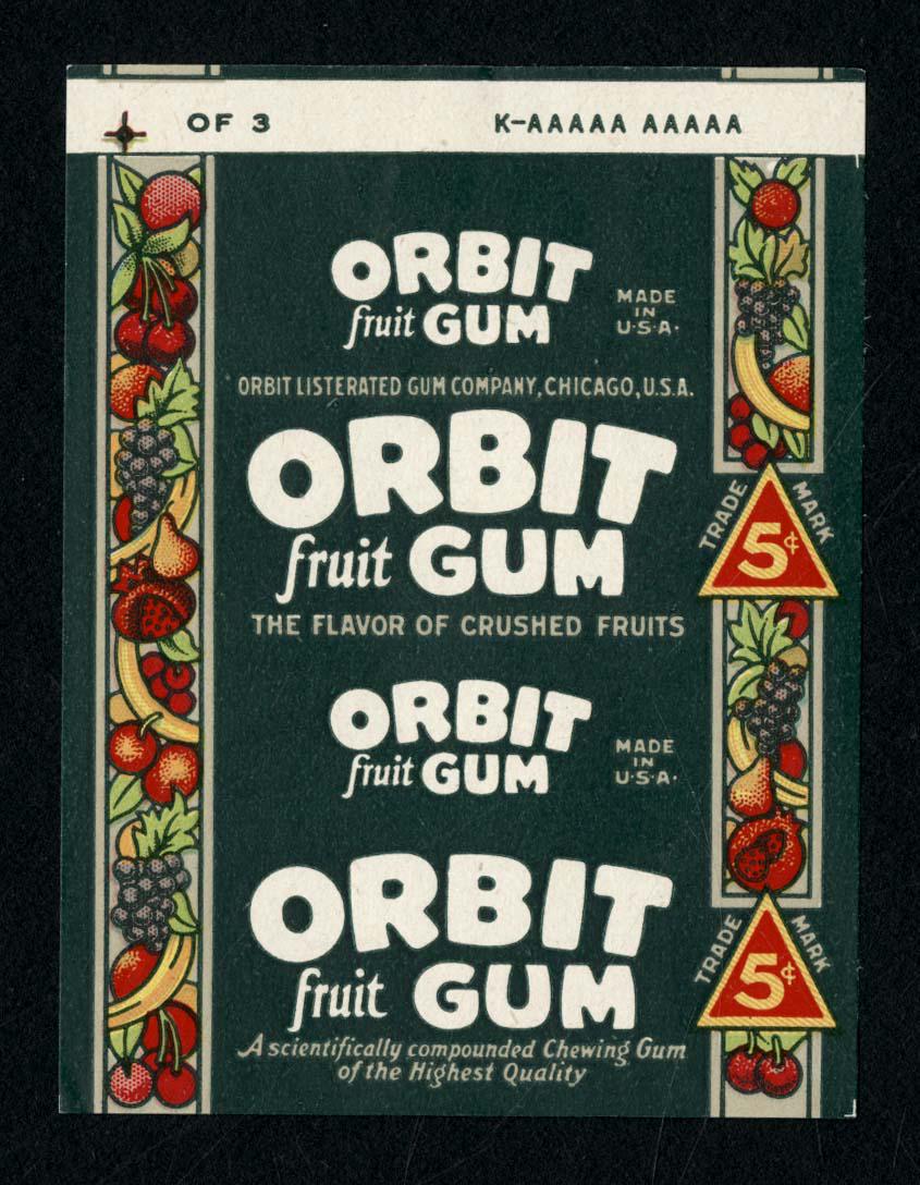 1927 Wrigley's Orbit Fruit Gum 5 Cent Wrapper for the: 2.5 X 3.75