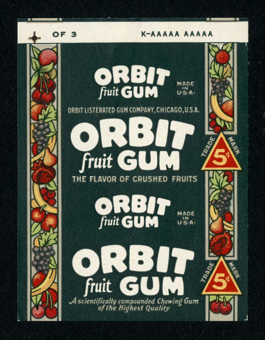 1927 Wrigley's Orbit Fruit Gum 5 Cent Wrapper for the: 2.5 X 3.75