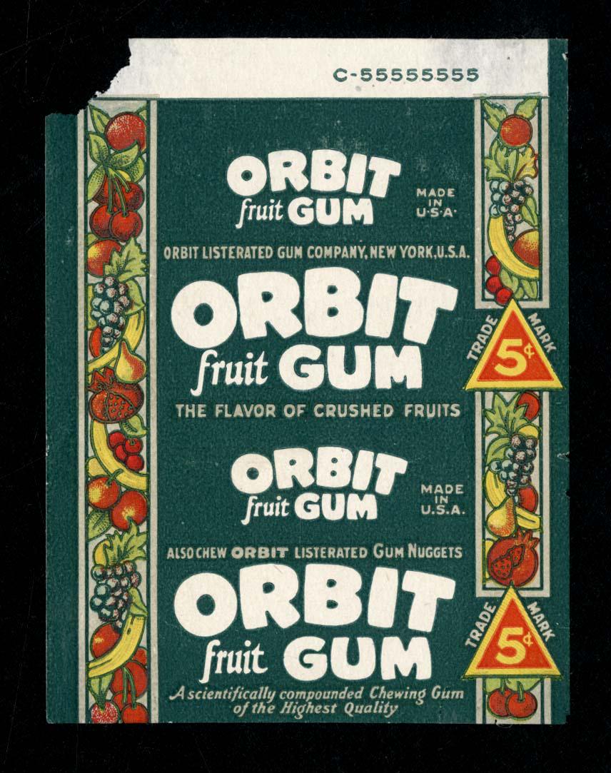 Wrigley's Orbit Fruit Chewing Gum 5 Cent Wrapper for: 2.5 X 3.75; corner chip