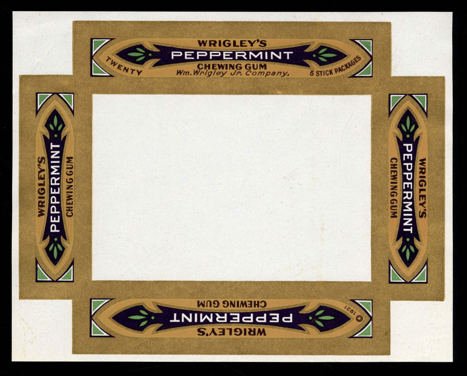 1921 Wrigley's Peppermint Chewing Gum Box Label for the: 7 X 9