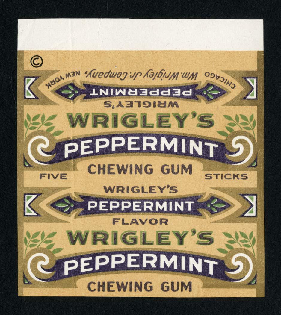 1920 Wrigley's Peppermint Chewing Gum 5 Stick Wrapper: 3 X 2 3/4; fold on one corner; came with another lot dated 1920