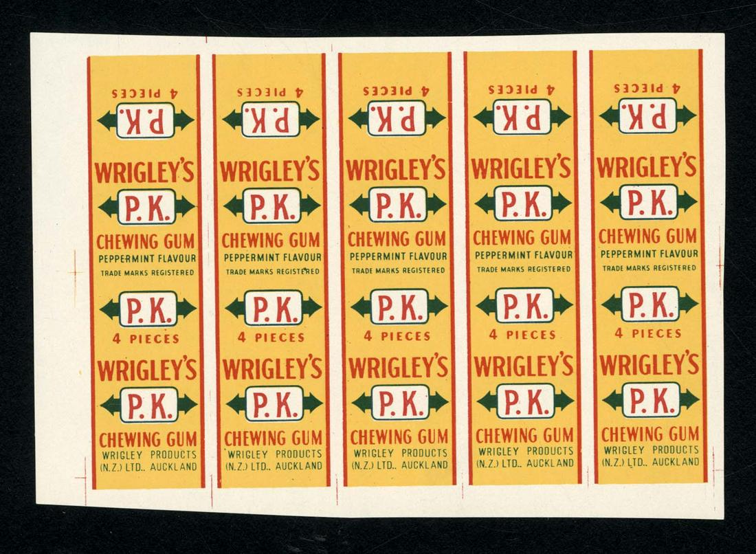 Wrigley's P.K. Chewing Gum Uncut 4 Piece Wrappers for: 3.5 X 5; sheet of five 4-pack wrappers, uncut.