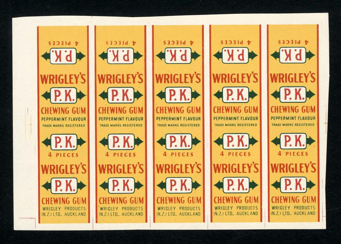 Wrigley's P.K. Chewing Gum Uncut 4 Piece Wrappers for: 3.5 X 5; sheet of five 4-pack wrappers, uncut.