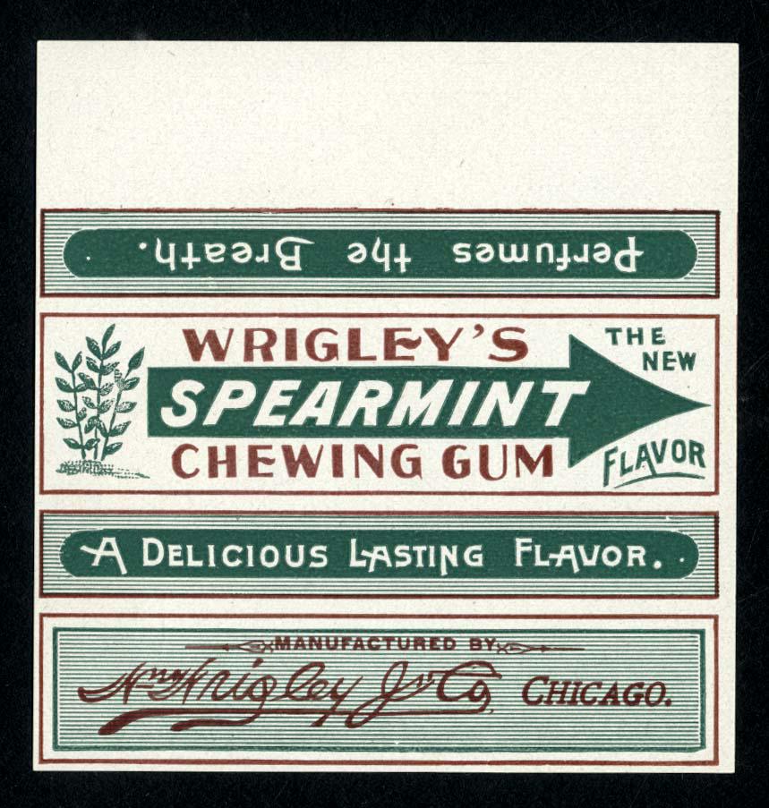 1905 Wrigley's Spearmint Chewing Gum Single Stick: 2.75 X 2.5; The wrapper is undated but came out of an envelope dated 2/27/1905. Envelope is not included in this lot.