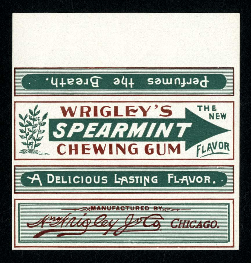 1905 Wrigley's Spearmint Chewing Gum Single Stick: 2.75 X 2.5; The wrapper is undated but came out of an envelope dated 2/27/1905. Envelope is not included in this lot.