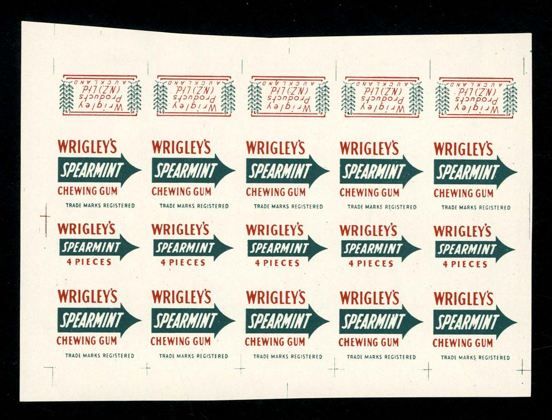 Wrigley's Spearmint Chewing Gum Uncut 4 Piece Wrappers: 3.25 X 4.75; sheet of five uncut 4 piece wrappers