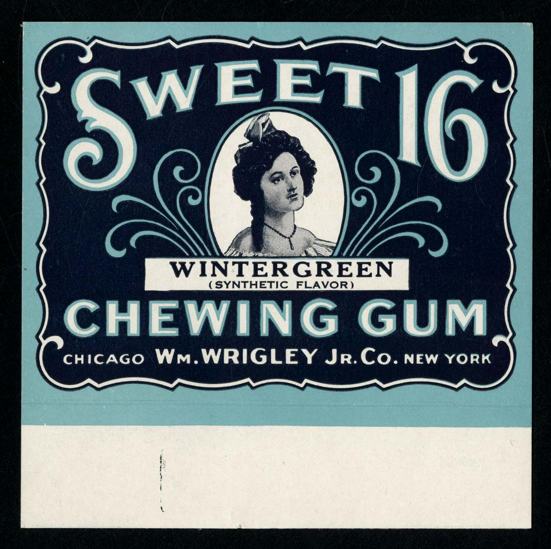 Wrigley's Sweet 16 Wintergreen Chewing Gum Box Fly for: 5X5, has been folded on the box line.