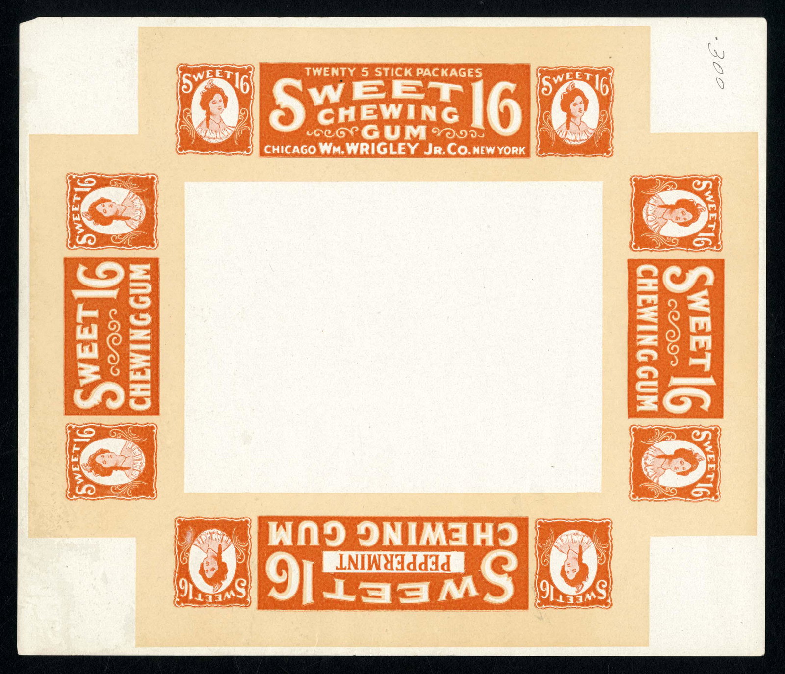 Wrigley's Sweet 16 Peppermint Chewing Gum Box Label for: 7.25 X 8.5, pencil mark