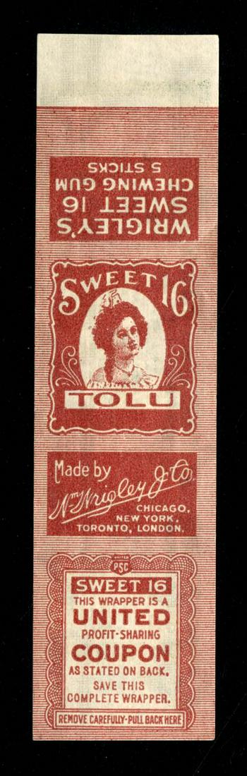 Wrigley's Sweet 16 Tolu Chewing Gum 5 Pack Gum Wrapper: 4.5 X 1.125