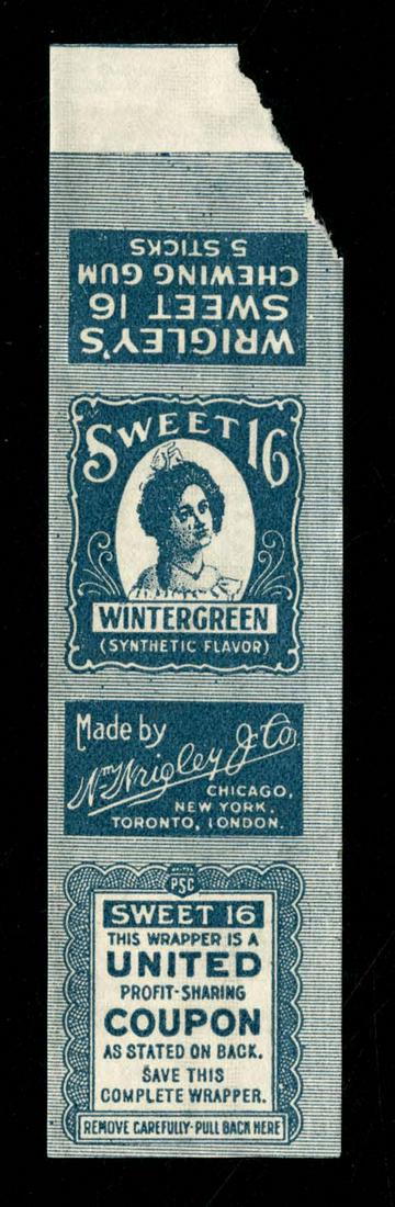 Wrigley's Sweet 16 Wintergreen Chewing Gum 5 Pack Gum: 4.5 X 1.125; missing corner