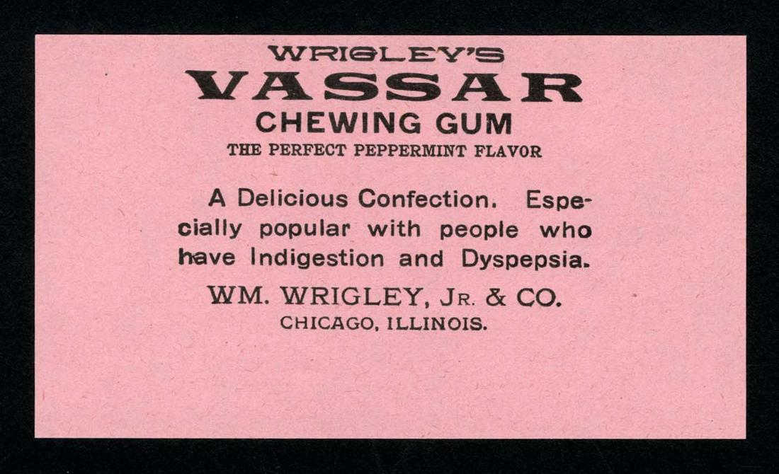 1907 Wrigley's Vassar Single Stick Chewing Gum Wrapper: 2.25 X 4; found in an envelope dated 1907
