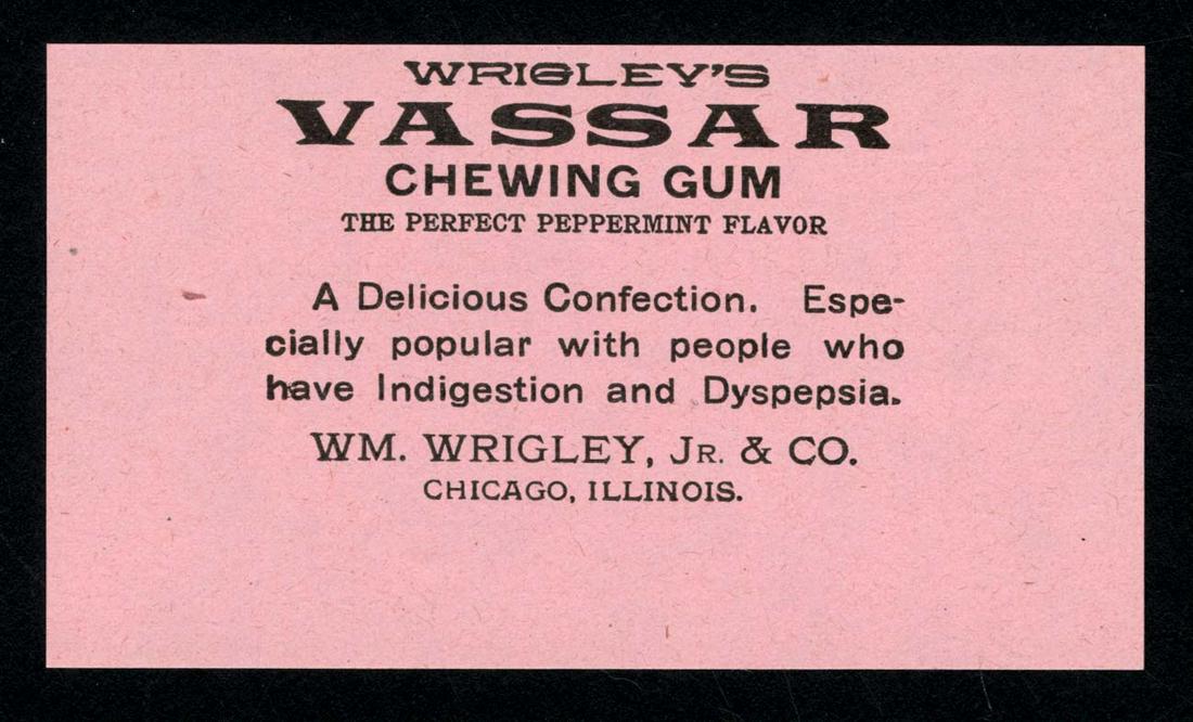 1907 Wrigley's Vassar Single Stick Chewing Gum Wrapper: 2.25 X 4; found in an envelope dated 1907