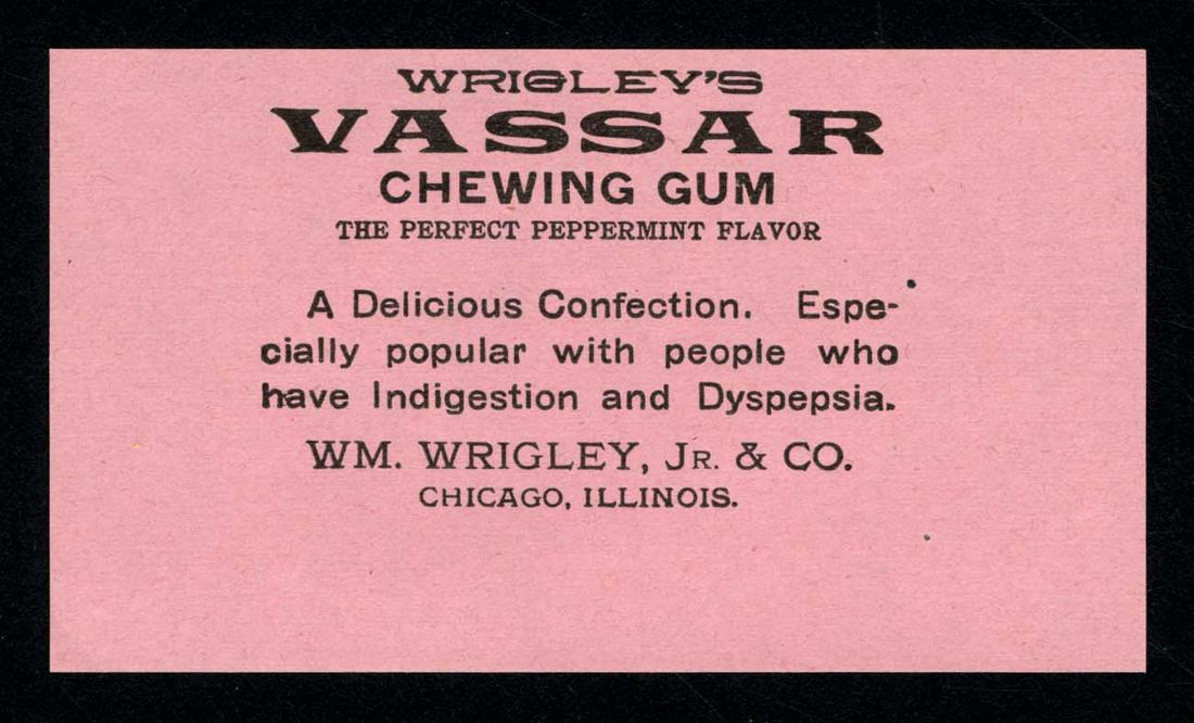 1907 Wrigley's Vassar Single Stick Chewing Gum Wrapper: 2.25 X 4; found in an envelope dated 1907