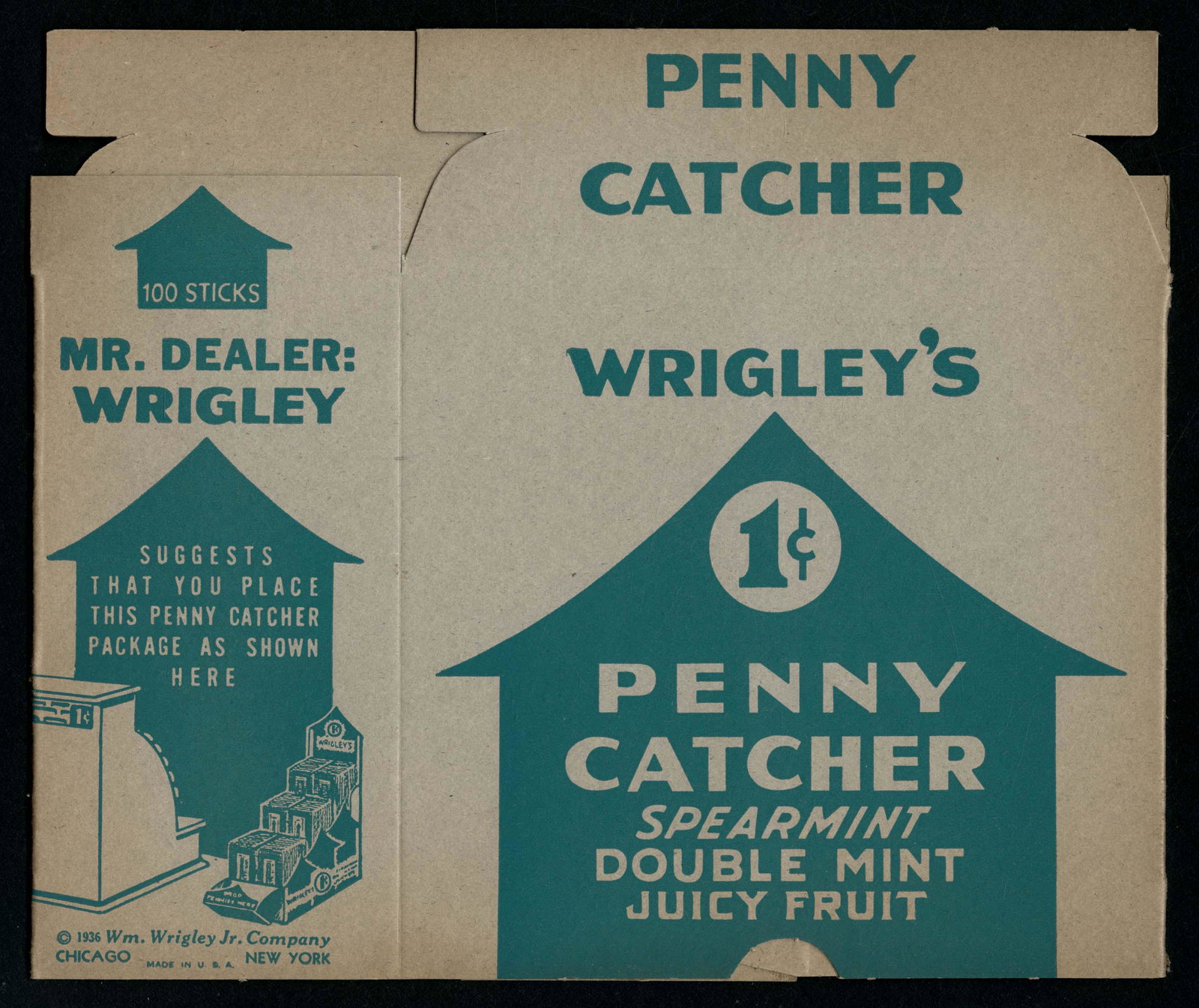 1936 Wrigley's Chewing Gum Penny Catcher Counter: 7.5 X 9; glue residue on one side