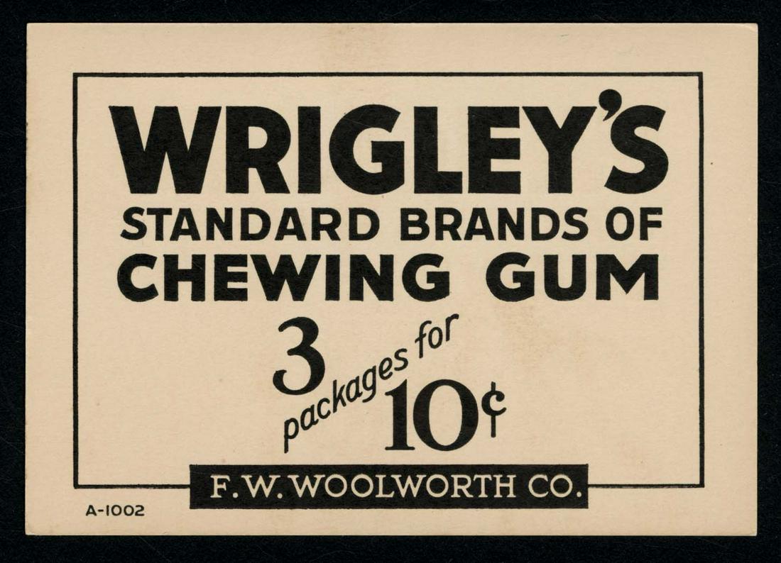 Wrigley's Chewing Gum Store Counter Cardboard Price: 3.25 X 4.5; glue residue