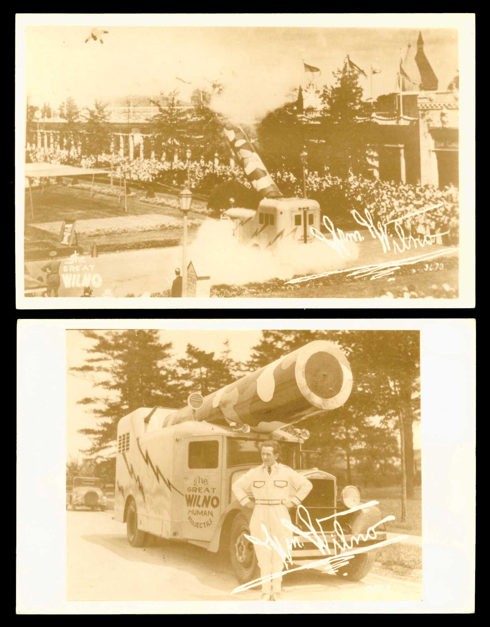 RPPC - Circus - Great Wilno, Human Projectile: Super pair of images of Wilno being posed in front of his cannon, and then being fired from it.
