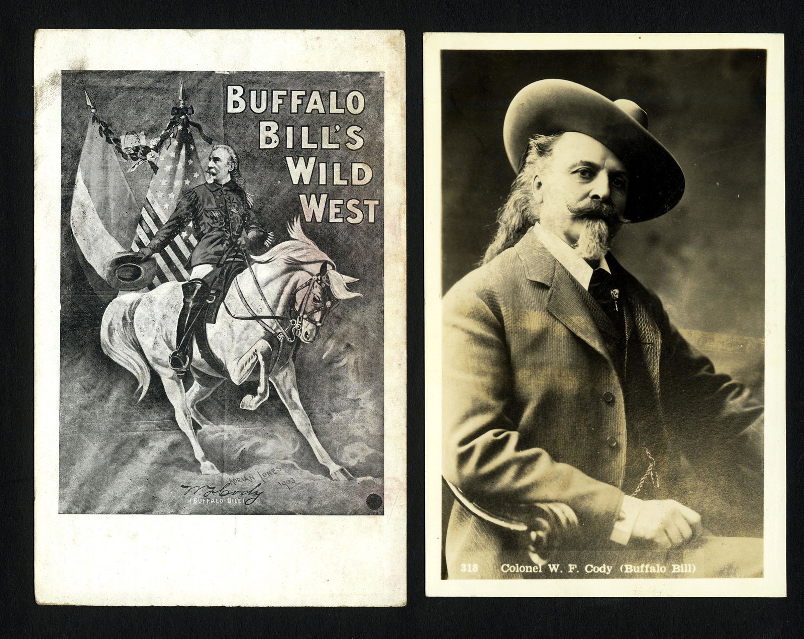 RPPC - Cowboy Old West - Buffalo Bill: One real photo of Buffalo Bill and one image of advertising card for Buffalo Bill's Wild West 1903. None postally used. EKC. Both in average condition, one finger print smudge on one.