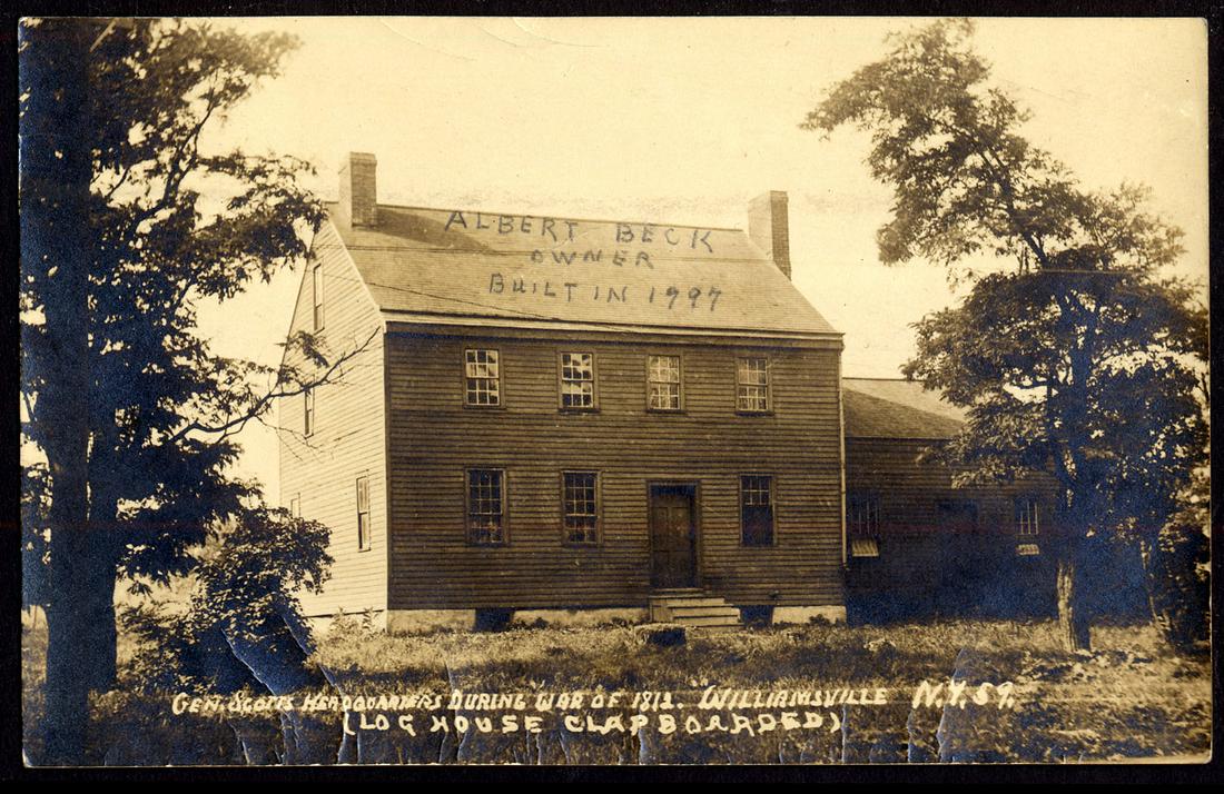 RPPC - Exteriors - Gen. Scotts Headquarters War of 1812: Gen. Scotts Headquarters during the War of 1812. Williamsville, N.Y. (Log House Clapboarded) Written in pencil on front "Albert Beck owner, Built in 1997" (?) Eastern Illustrating Co. Rounded corners,