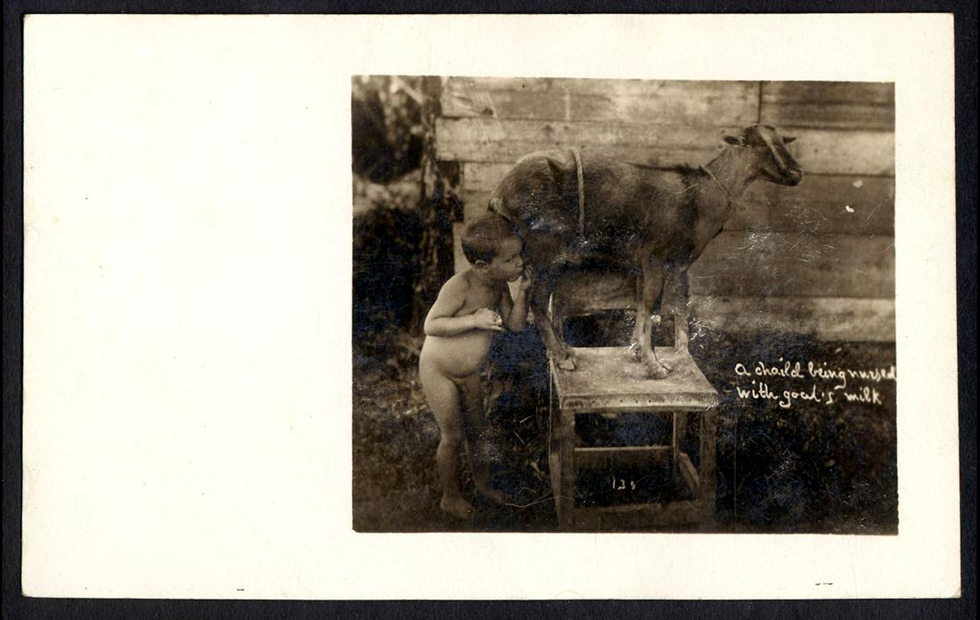 RPPC - Children - A Child being nursed with goat's milk: A Child being nursed with goat's milk. Bryan Post Card Company, unused. Very odd image in today's society.