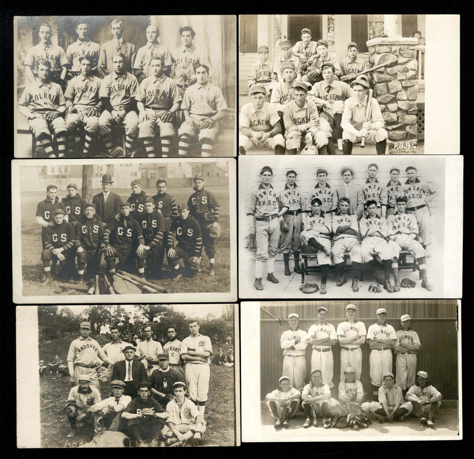 RPPC - Baseball - Baseball Teams: Mostly Excellent or better, really nice cards showing early turn of the century baseball teams. Shirts read Colerain, Andover, GS, Powers, Ellwood, and Luckem.