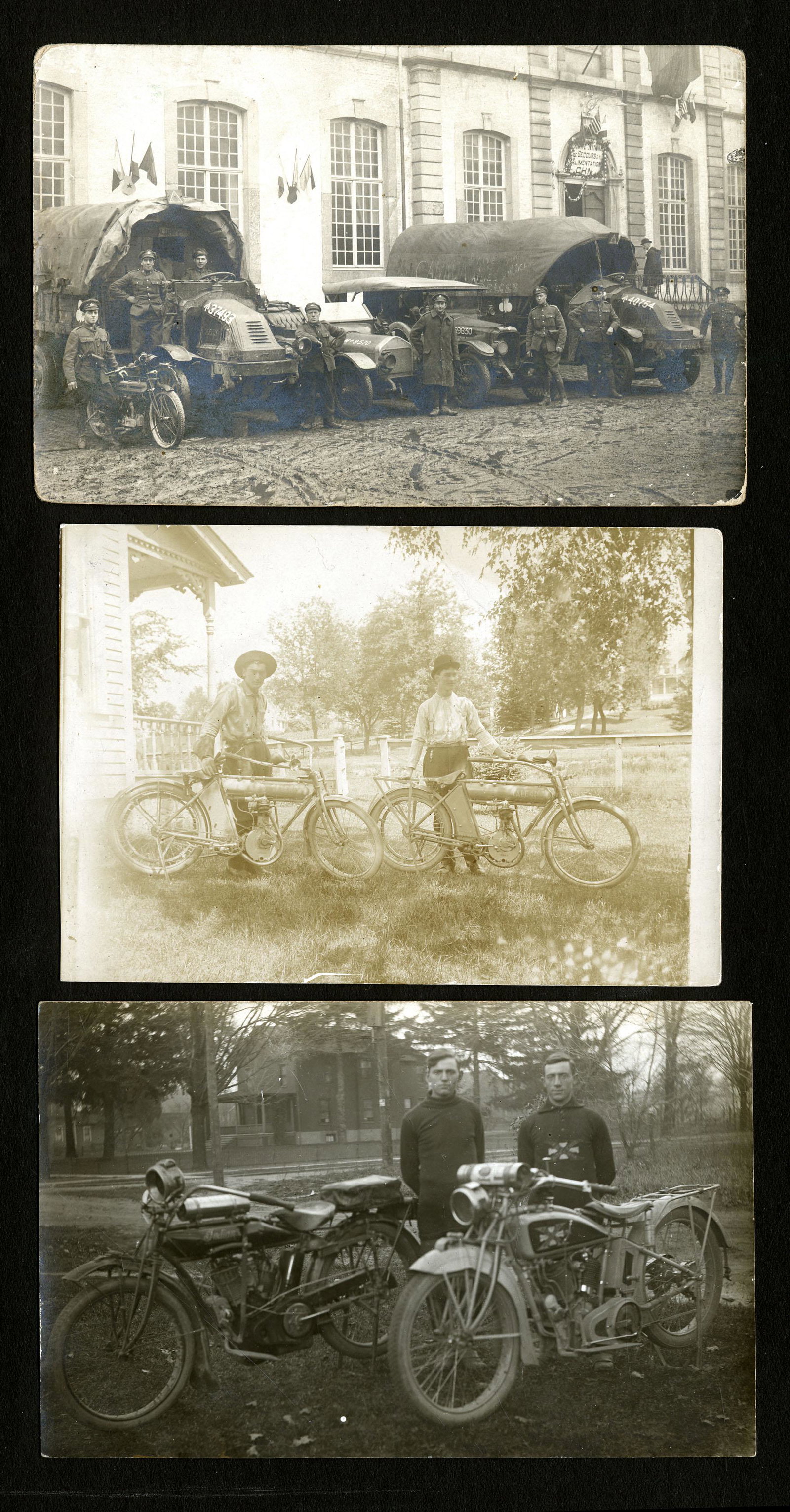 RPPC - Bikes & Motorcycles: Real photos - Men posing with motorcycles and Relief and Food CHN soldiers posing with motorcycles in trucks. None postally used, writing on back of one. Some rounded corners, average condition. SOLIO