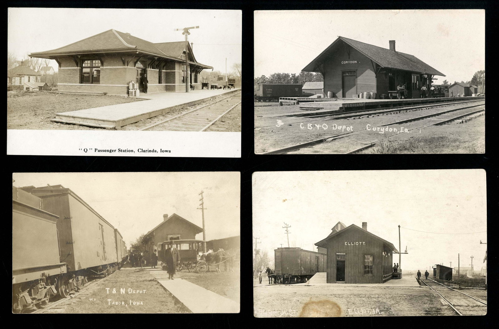 RPPC - Trains, Railroad & Depots - Iowa Depots: Includes Clarinda, Corydon, Elliot and Tabor. Elliot has stain at bottom, rest are Fine to Excellent.