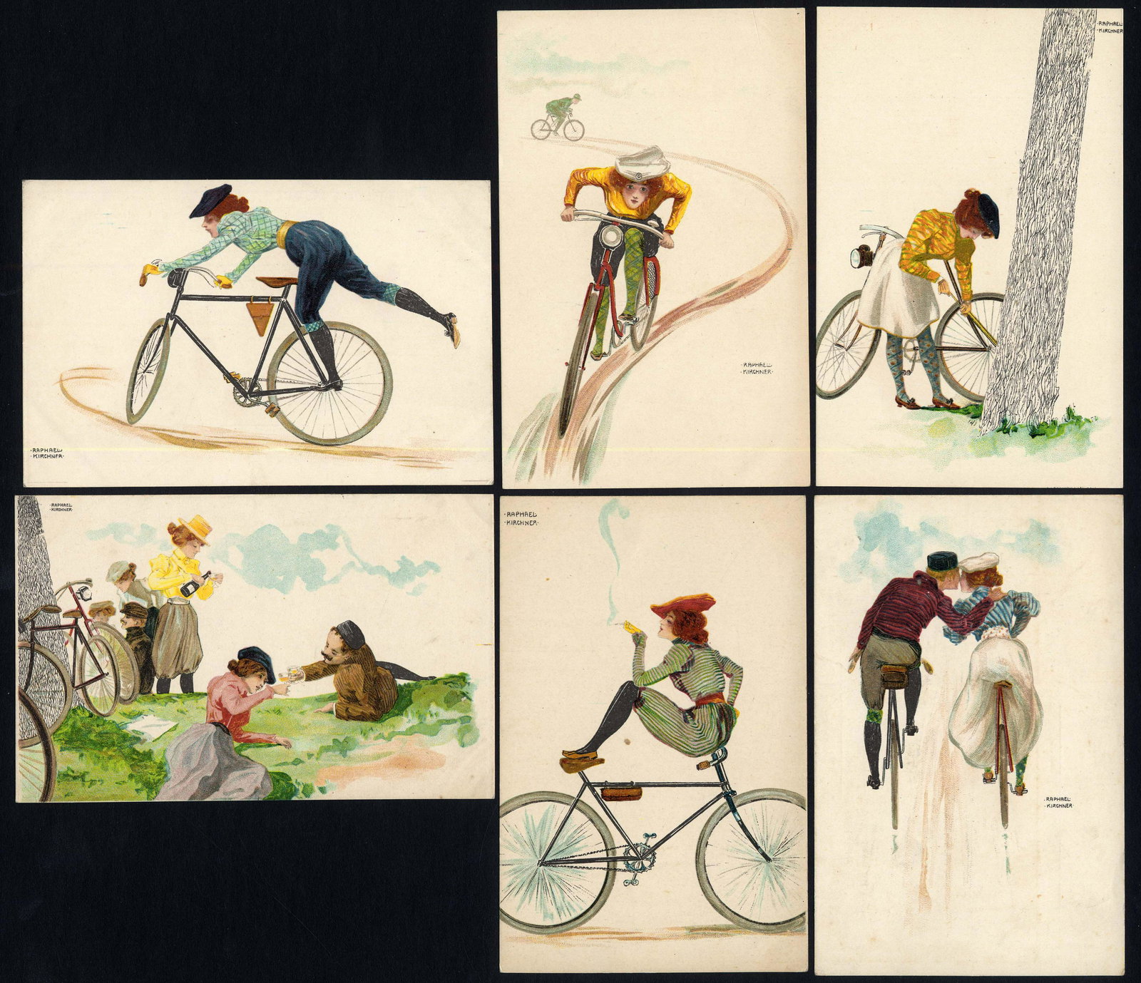Radlerei: Artist Signed Raphael Kirchner. Girl Cyclists. Rare set. All unused, one with minor corner wear.