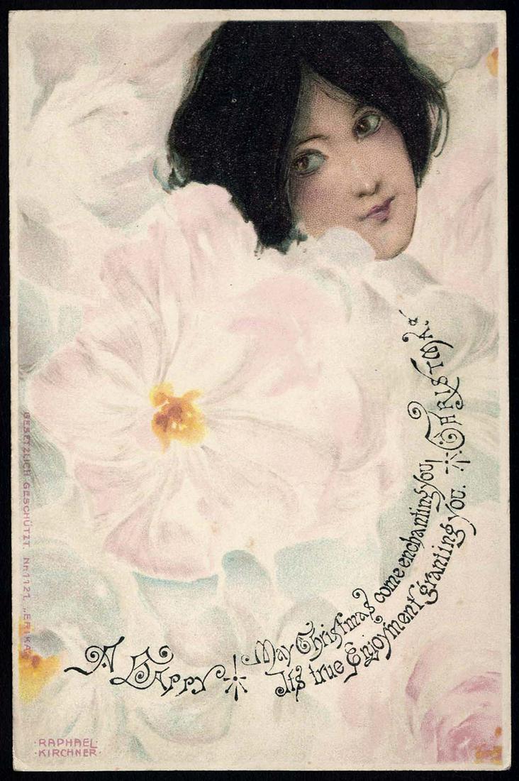 Erika: Artist Signed Raphael Kirchner. "A Happy Christmas." Woman in flowers. Light corner wear, unused.