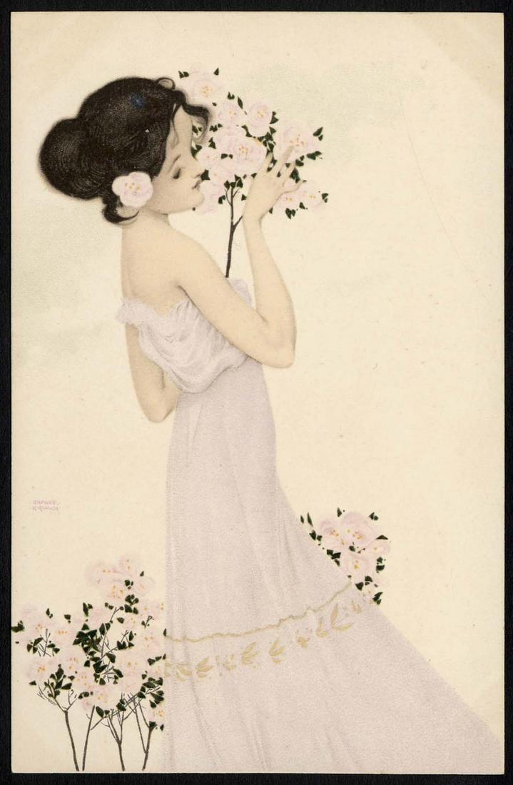 Girls With Flowers: Artist Signed Raphael Kirchner. Woman with pink roses. M.M. Vienne. Unused, very light discoloration from album
