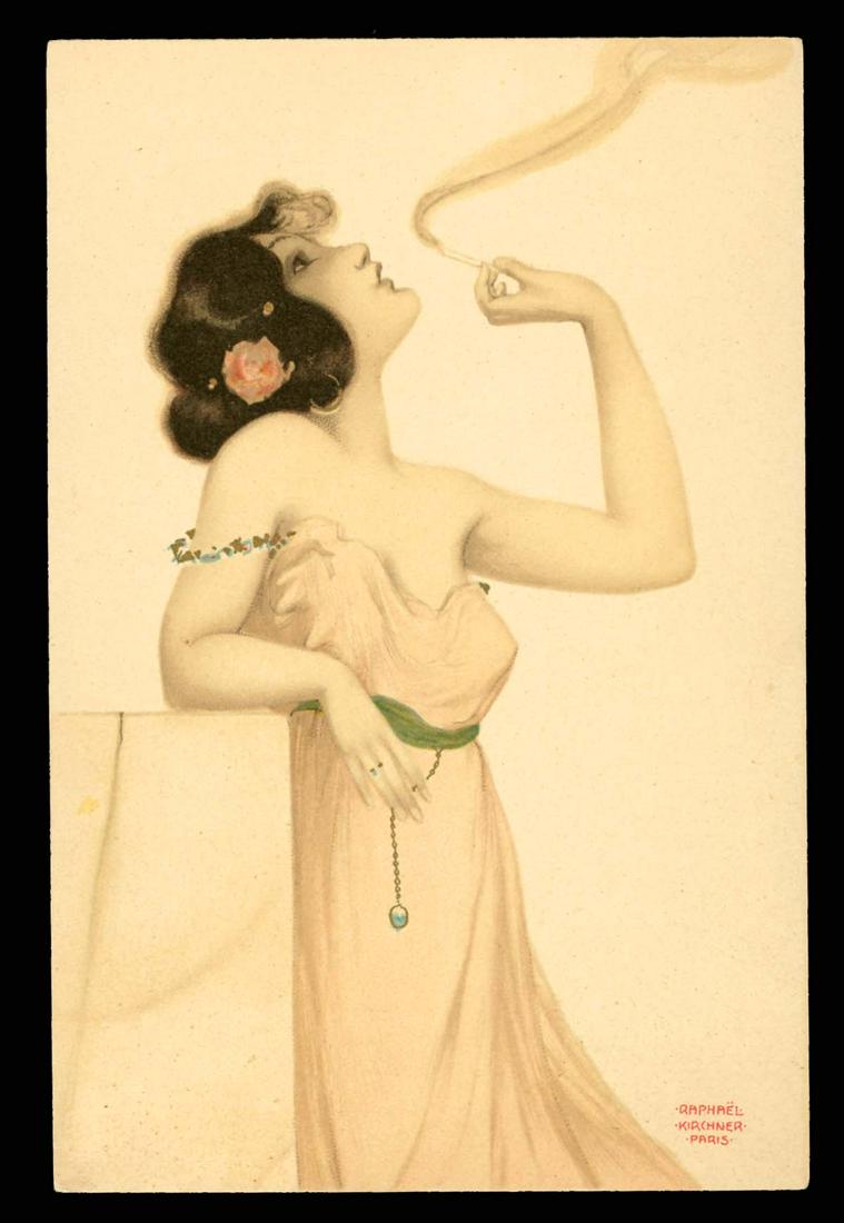 Kirchner Smoking Woman: Raphael Kirchner "Smoking Women," titled, "Rauchende Damen." Some of the most wonderful images, signed Paris. It is most likely his wife Nina, who has been said to smoke opium, and the expression is v
