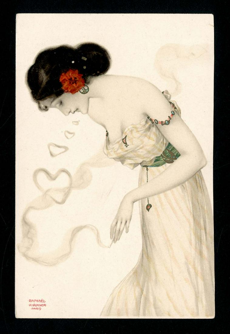 Kirchner Smoking Woman: Raphael Kirchner "Smoking Women" titled, "Rauchende Damen." Some of the most wonderful images, signed Paris. It is most likely his wife, Nina. Some small writing on stamp box.