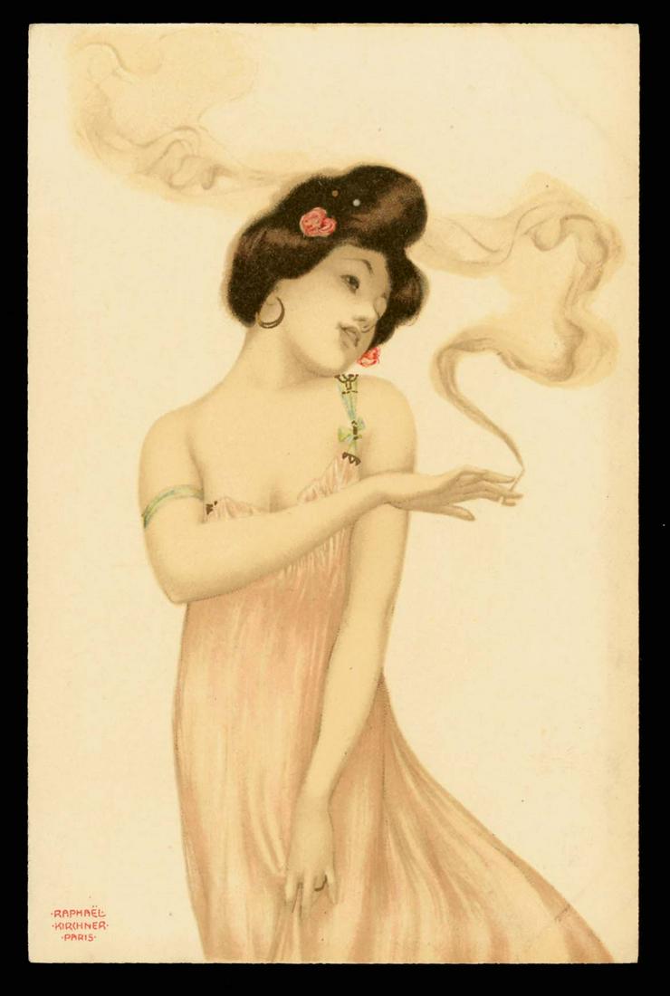 Kirchner Smoking Woman: Raphael Kirchner "Smoking Women" titled, "Rauchende Damen." Some of the most wonderful images, signed Paris. A couple very light album indents.