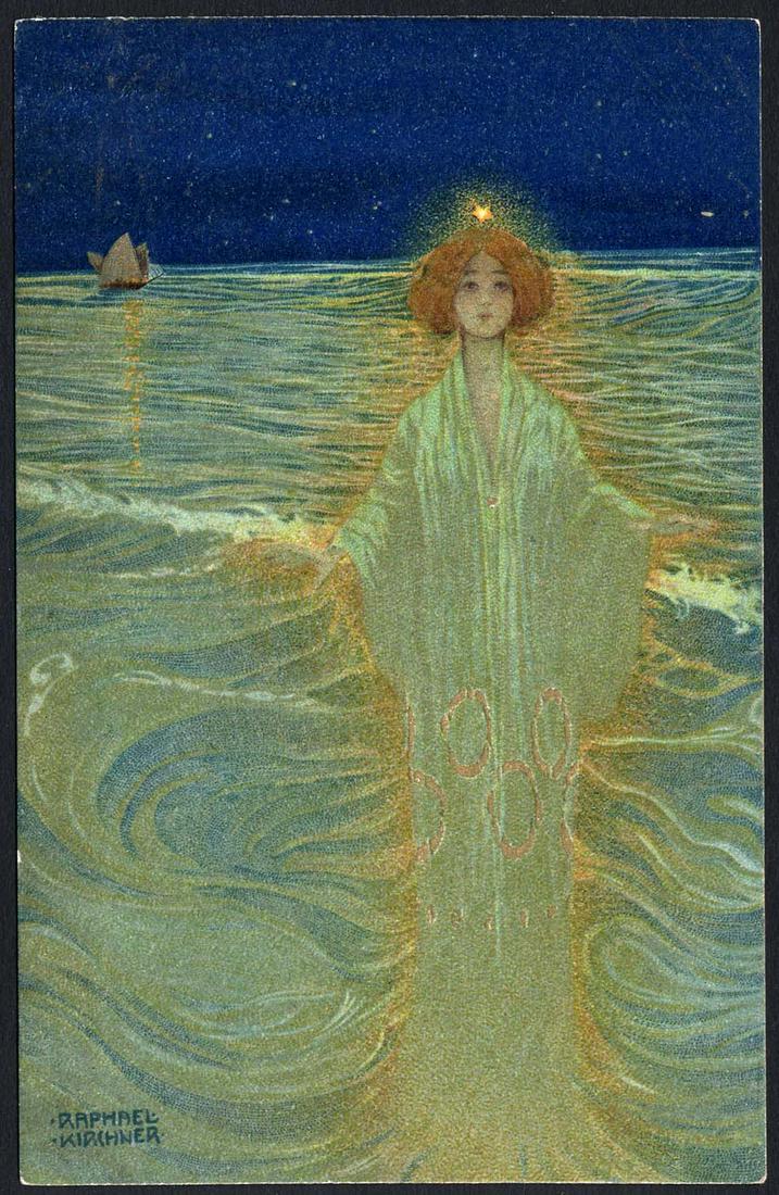 Raphael Kirchner: . Published by : Theo. Stroefer. Woman in an ocean at night, by starlight. Light corner wear. Light foxing spots on back. Unused.