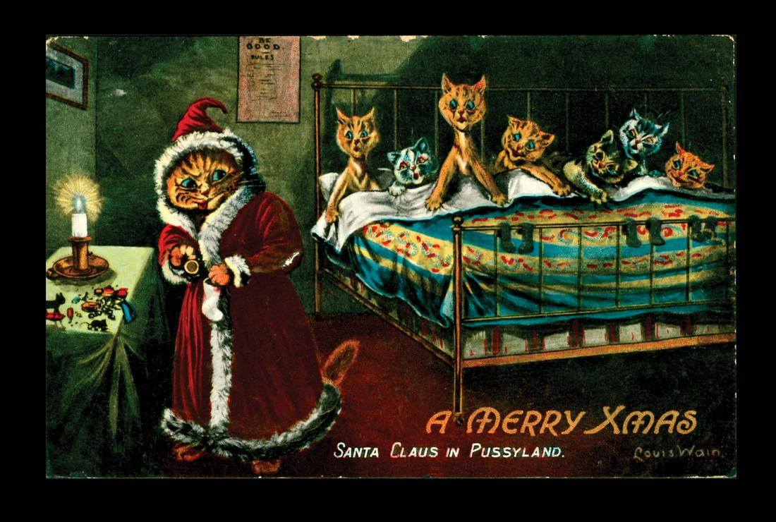 Louis Wain Santa: "Santa Claus in Pussyland," published by Valentine & Son. Signed Wain, used in 1909. Edge wear.