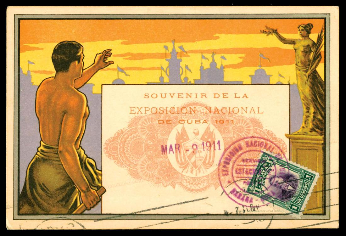 1911 Exposition in Cuba: Art Deco poster style artwork with center panel vignette. Official stamp and cancel on front.