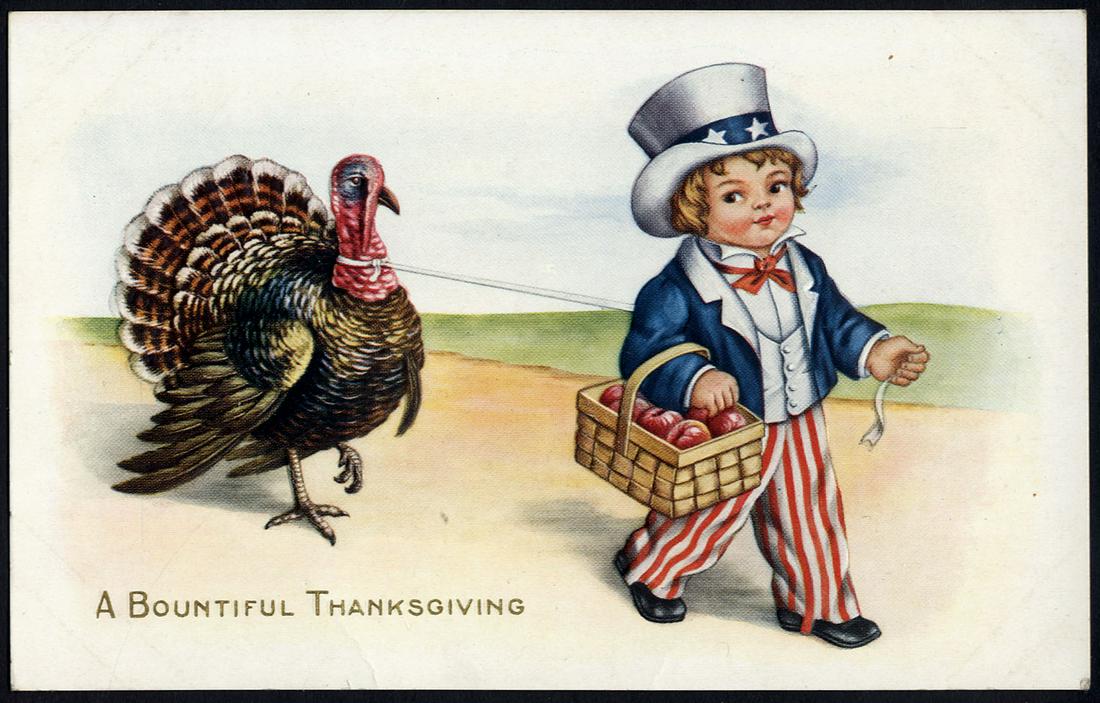 A Bountiful Thanksgiving: A Bountiful Thanksgiving, young Uncle Sam with turkey in tow/on leash. Embossed. Whitney Made Worchester, Mass. Unused, light corner wear.