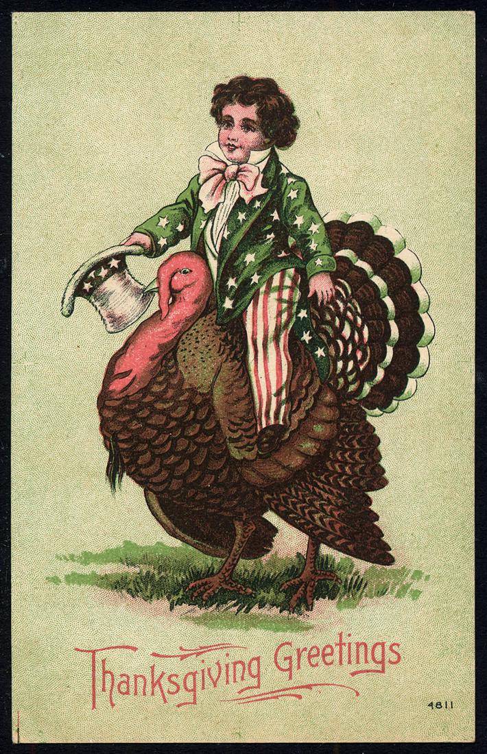 Thanksgiving Greetings: Printed - Thanksgiving Greetings, Child Uncle Sam riding turkey. Postally used; PM - Babcock, WIS. 1909. Very light corner wear.