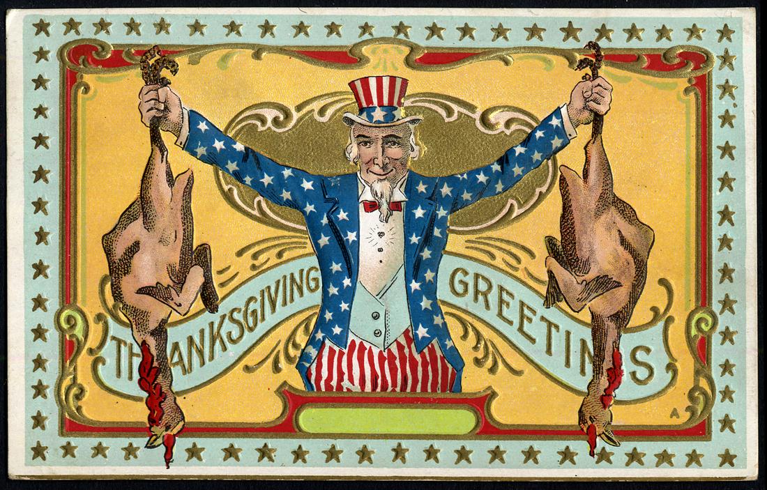 Thanksgiving Greetings: Printed - Thanksgiving Greetings with Uncle Sam and plucked turkeys. Embossed. Postally used: PM - Jersey City, N.J. 1908. Light corner wear.