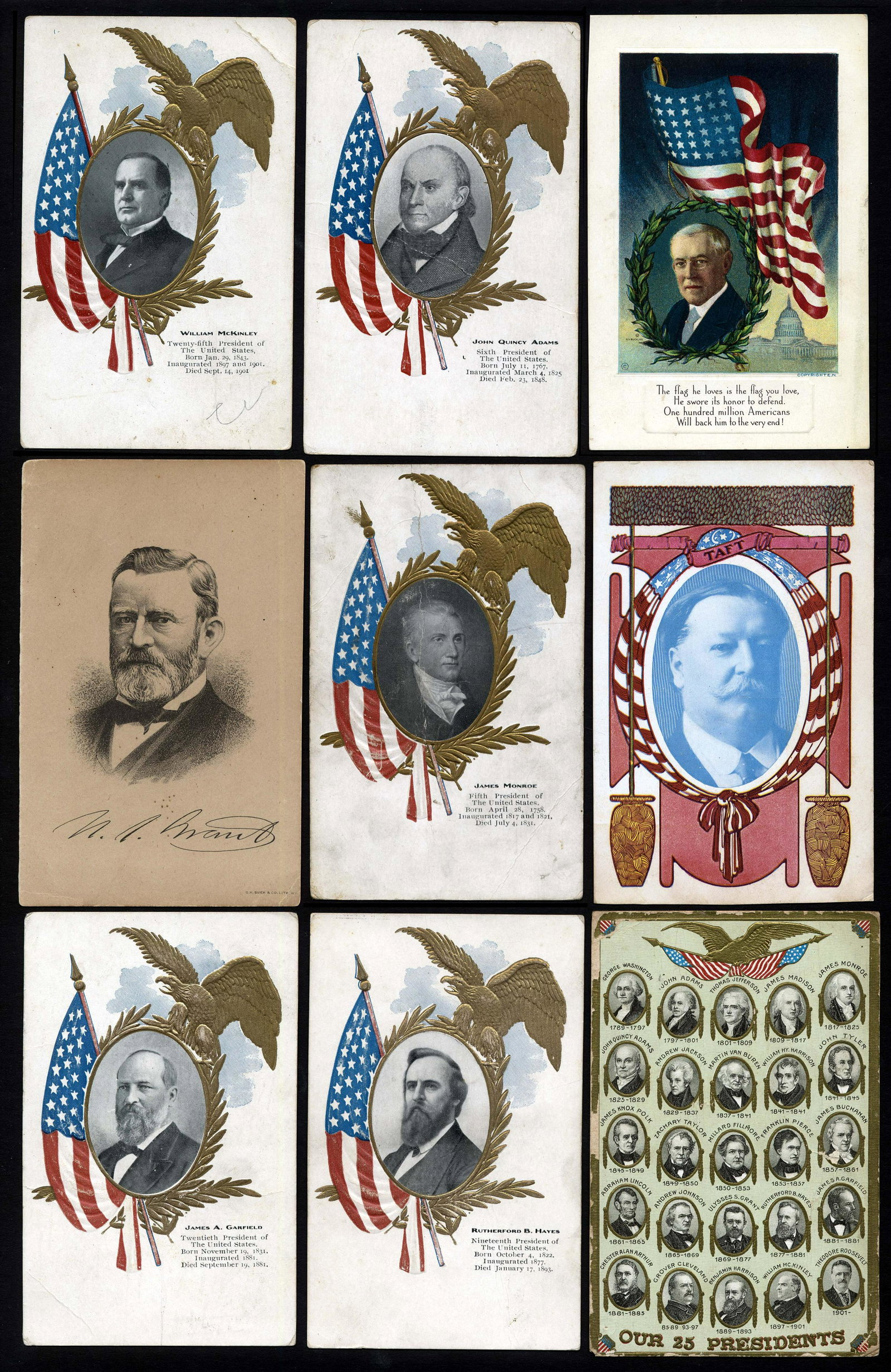 U.S. Presidents Themed Cards: Presidents - various U.S. Presidents themed cards from George Washington (earliest) to Woodrow Wilson (latest in group) Three postally used. Several rounded corners, and long creases in five. A 15 pie