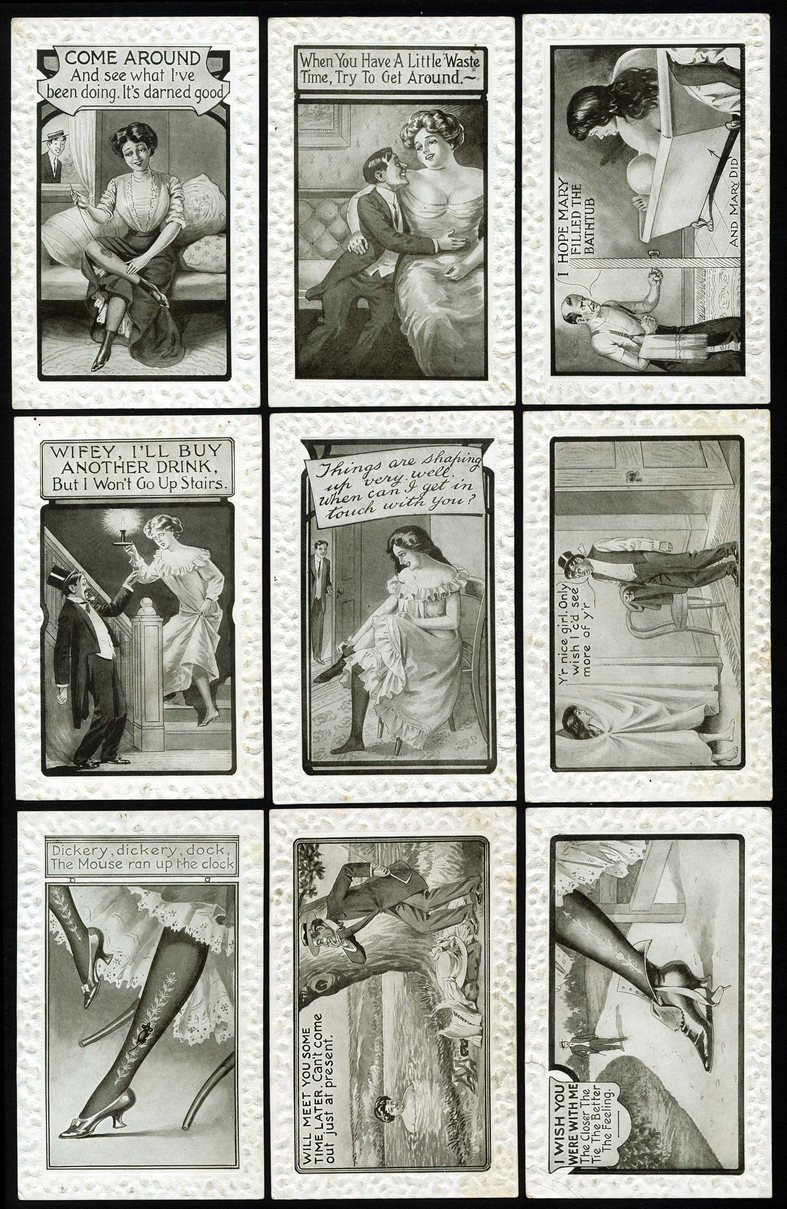 Comical Risque Cards: Group of nine unused cards with risque scenarios and comical captions. Some rips and creases, average condition.