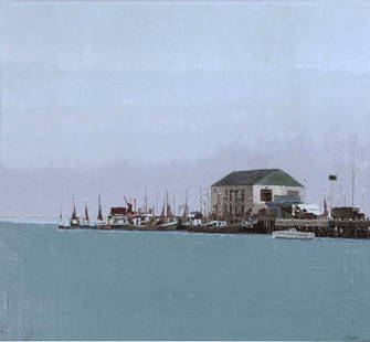 Oil on Canvas by Arthur Cohen : 1966 MacMillan Wharf, Provincetown. Framed. Canvas measures 18" H x 20" W.