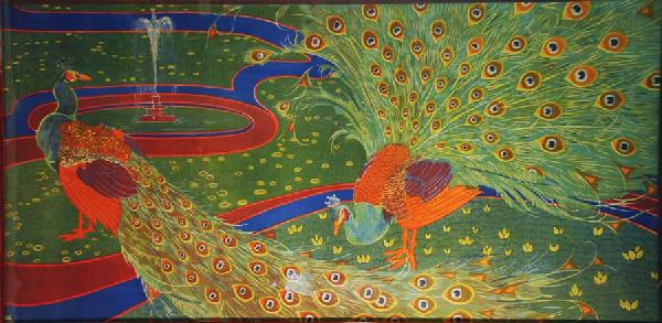 Peacocks & Swans Lithos by Louis Rhead : A wonderful pair of prints by Louis Rhead. Exquisite color on both. The peacocks has a horizontal crease and the swans has two vertical folds. Framed, print size approx. 3