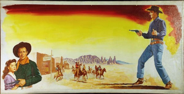 Oil on Canvas of John Wayne Movie Scenes : Original artwork for a John Wayne movie. Artist unknown. Nice bright colors and no damage. Measures 22" H x 46" W.