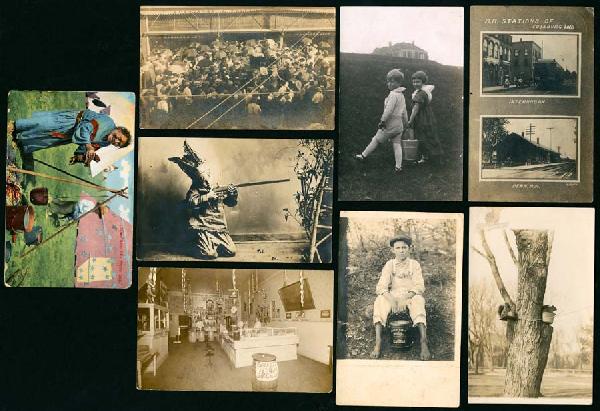 Better RPPC : Nice group includes RPPC RR Depots of interurban and Penn, at Edinburg, IN, ca.1916; Interior of meat market, Atchison, KS, ca. 1910; sewing machine demo crowd; child with